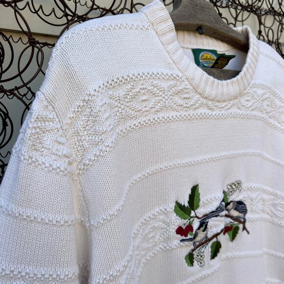 Vintage Cabelas's Birds on a Branch Blue Jays Holly Knit Cottagecore Sweater LG - Picture 3 of 6